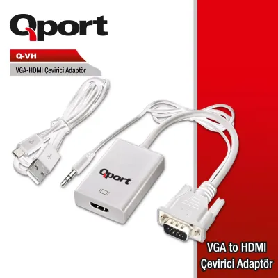 QPORT Q-VH 0.15metre VGA- HDMI Görüntü Adaptörü Beyaz Sesli 1080p