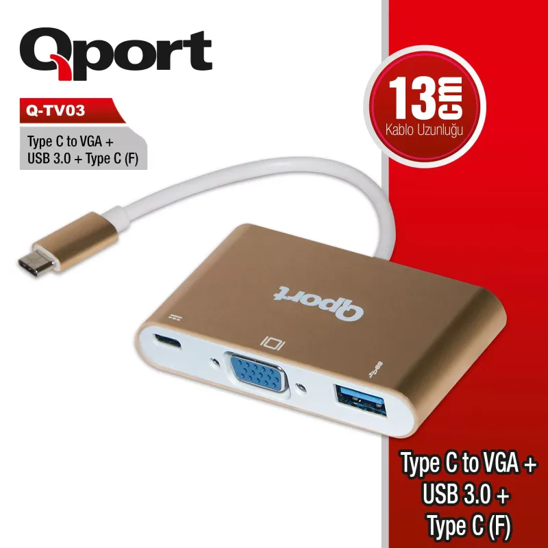 QPORT Q-TV03 0.15metre TypeC-Vga Dişi,USB Çevirici Adaptör Gold 1080p