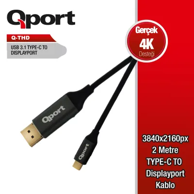 QPORT 2metre Q-THD TYPE-C - DP Çevirici Kablo Siyah 4K
