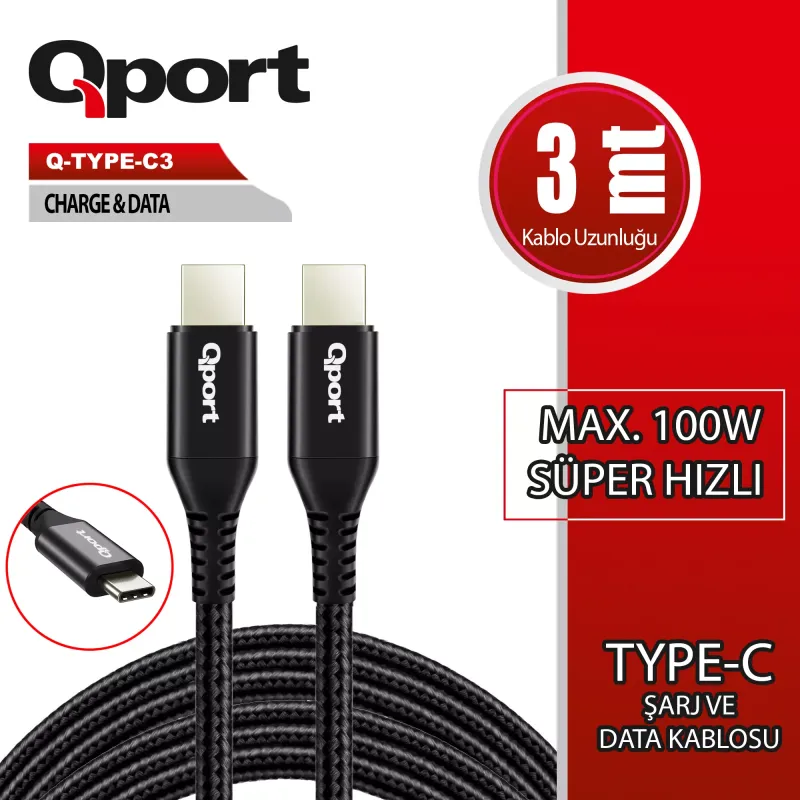 QPORT 3metre Q-TYPE-C3 TypeC Görüntü Kablosu