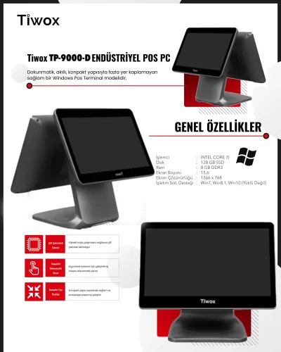 TIWOX 15.6" Dokunmatik (İki Ekranlı)  TP-9000D CORE i5 5.Nesil 8GB RAM- 128GB SSD- FDOS- POS PC