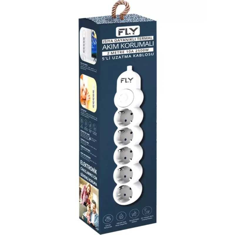 FLY 3394-01, 5 Soket, Akım Korumalı Priz, 2.1A, Anahtarlı, 2Mt Kablo, (Beyaz)