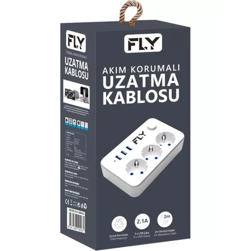 FLY 3406-01, 3 Soket, 3 USB, Akım Korumalı Priz, 2.1A, Anahtarlı, 2Mt Kablo, (Beyaz)