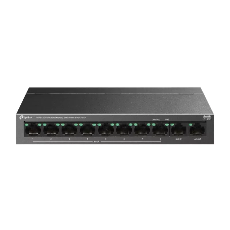TP-LINK LS110P, Green Tech, 10 Port, MegaBit, 8 Port PoE+ 96W, Metal Kasa, Yönetilemez, Masaüstü Switch