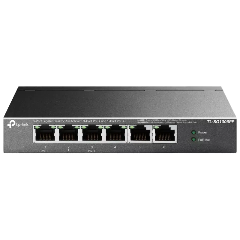 TP-LINK TL-SG1006PP, 6 Port, GigaBit, 4 Port PoE 64W, Yönetilemez, Metal Kasa, Masaüstü Switch