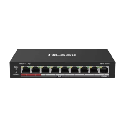 HILOOK NS-0109P-60(B), 8 Port, Megabit, PoE 60W, 1 Port Megabit Uplink, Long Range 250Metre, Yönetilemez, Masaüstü Switch
