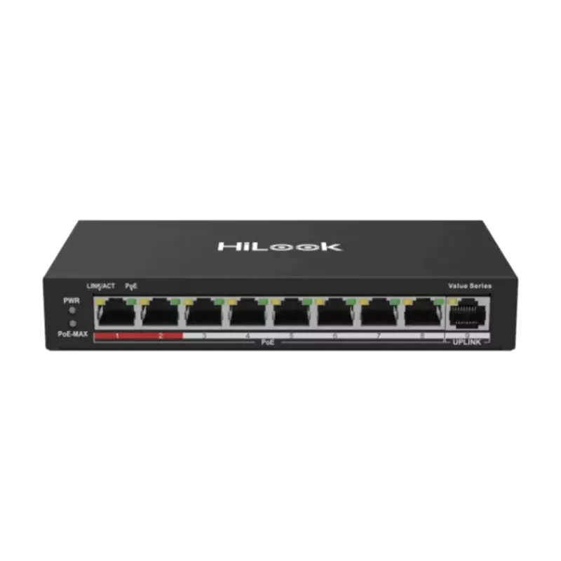 HILOOK NS-0109P-60(B), 8 Port, Megabit, PoE 60W, 1 Port Megabit Uplink, Long Range 250Metre, Yönetilemez, Masaüstü Switch