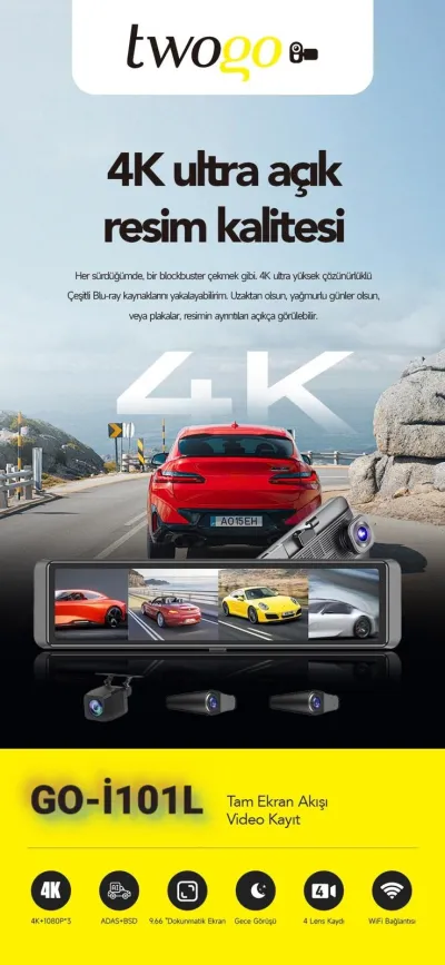 TWOGO GO-İQ11 11.26" Ayna Ekran 4 Kameralı Araç İçi Kamera (İ101L)