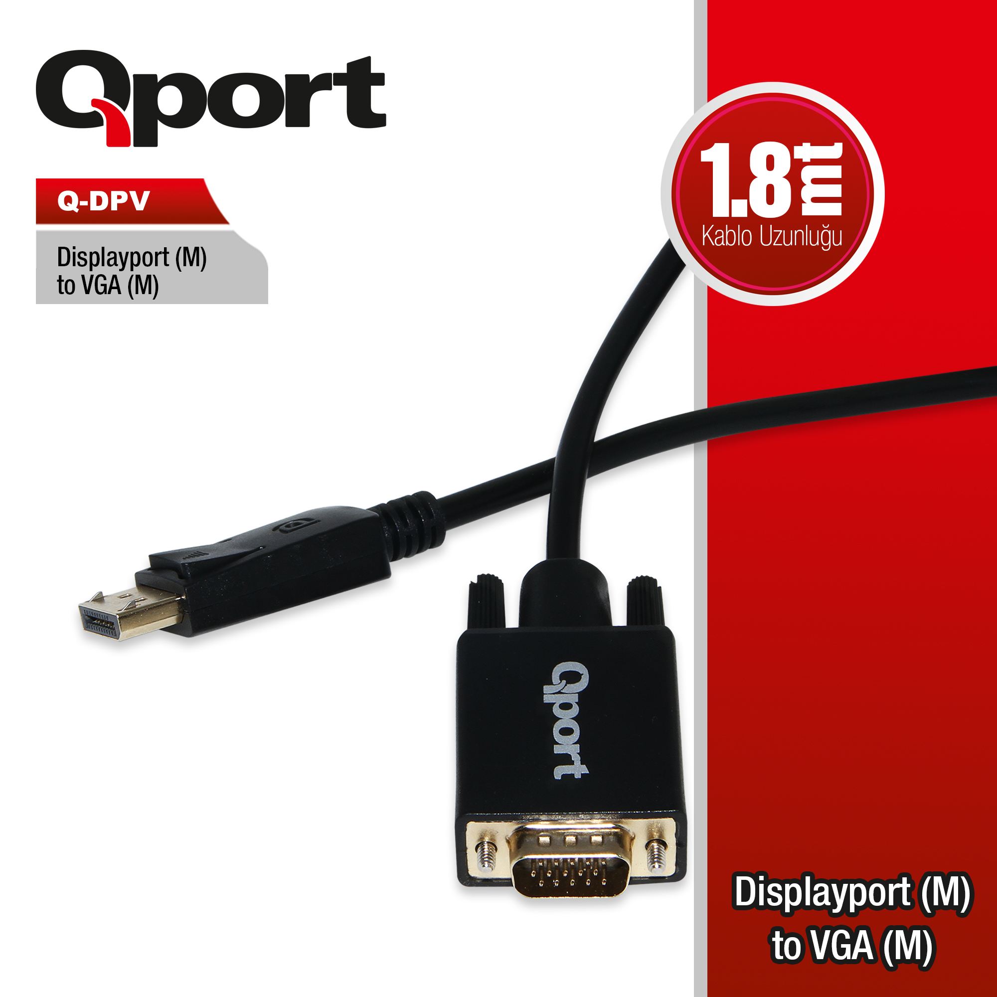 QPORT 1.8metre Q-DPV DP-VGA (E) Görüntü Kablosu
