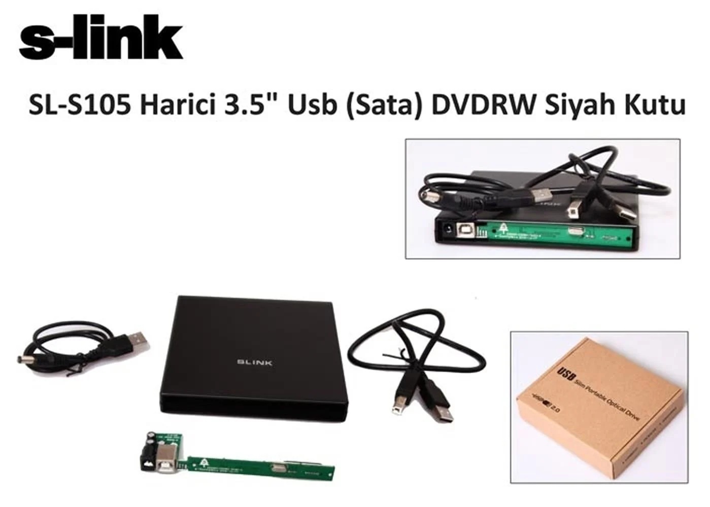 S-LINK 2.5" USB 2.0 S105 Sata Alüminyum Slim DVD Yazıcı Kutusu Siyah