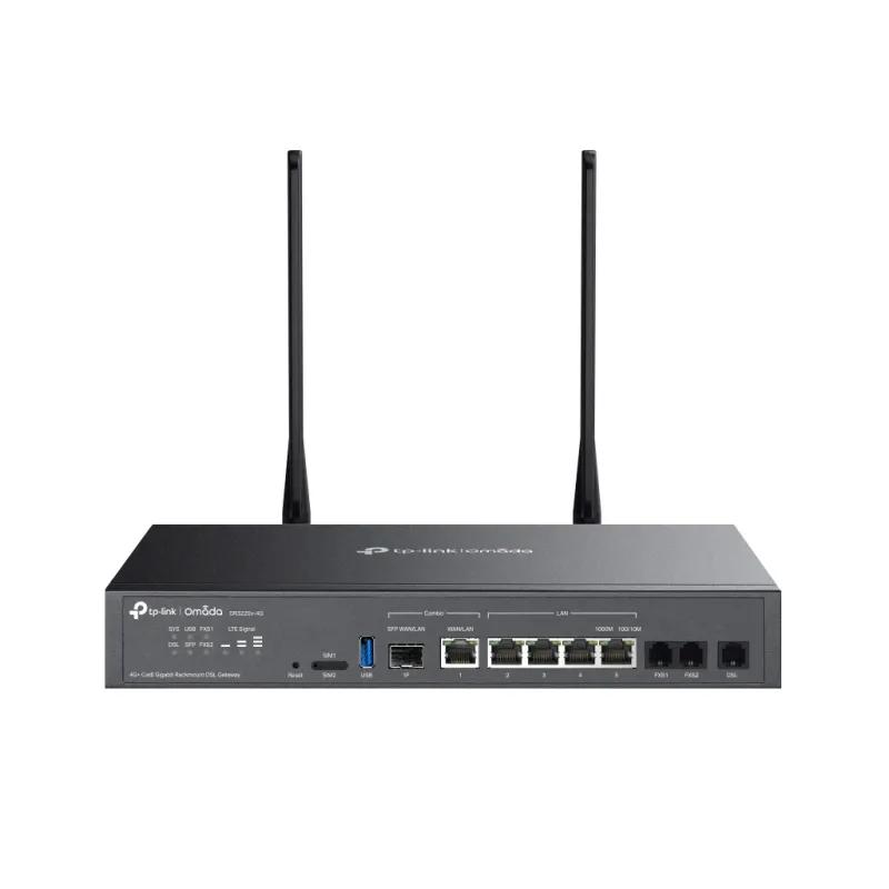 OMADA DR3220v-4G, 4 Port, 4G+Cat6 2,4Ghz, 1 Combo SFP Port, 2 FXS Port, Sim Yuvalı,  Gigabit Rackmount DSL Gateway